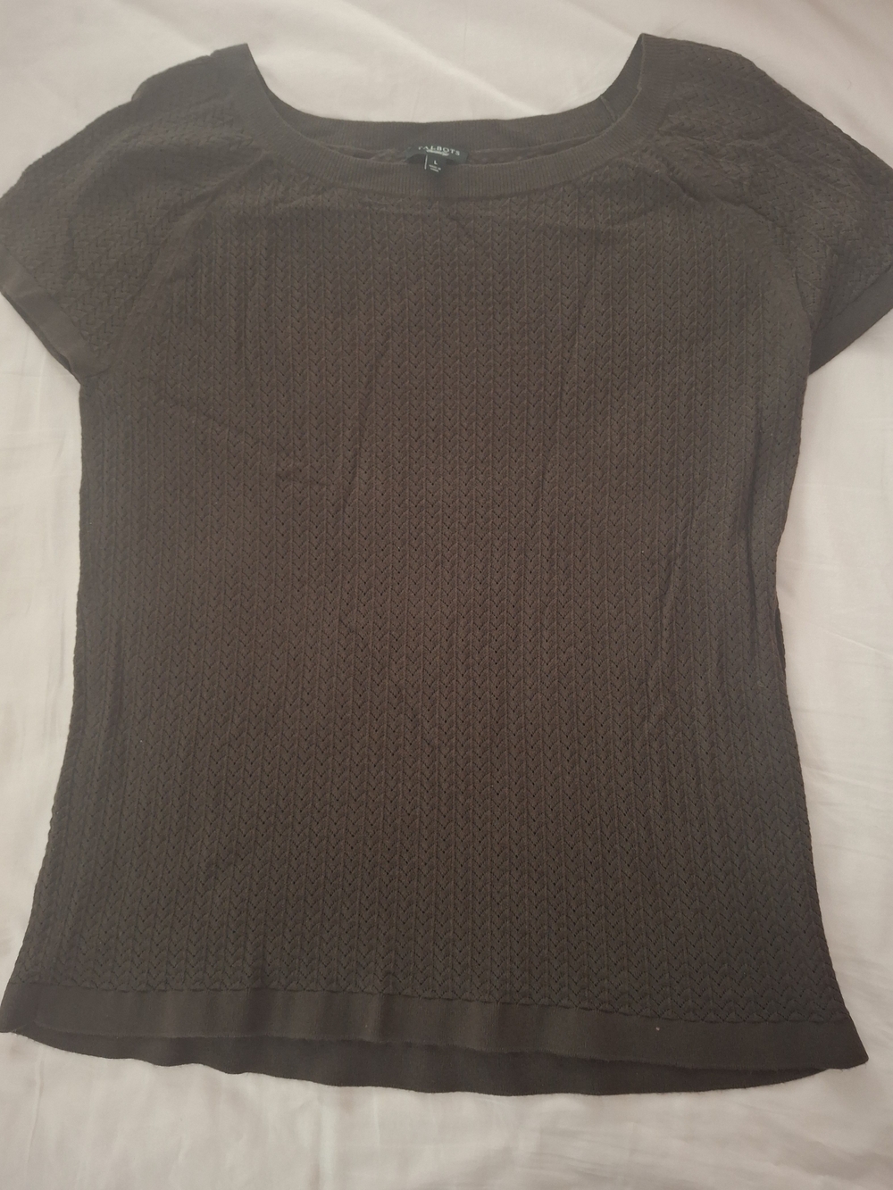 Talbots Brown Cap Sleeve Textured Knit Tee Dark Olive Size L